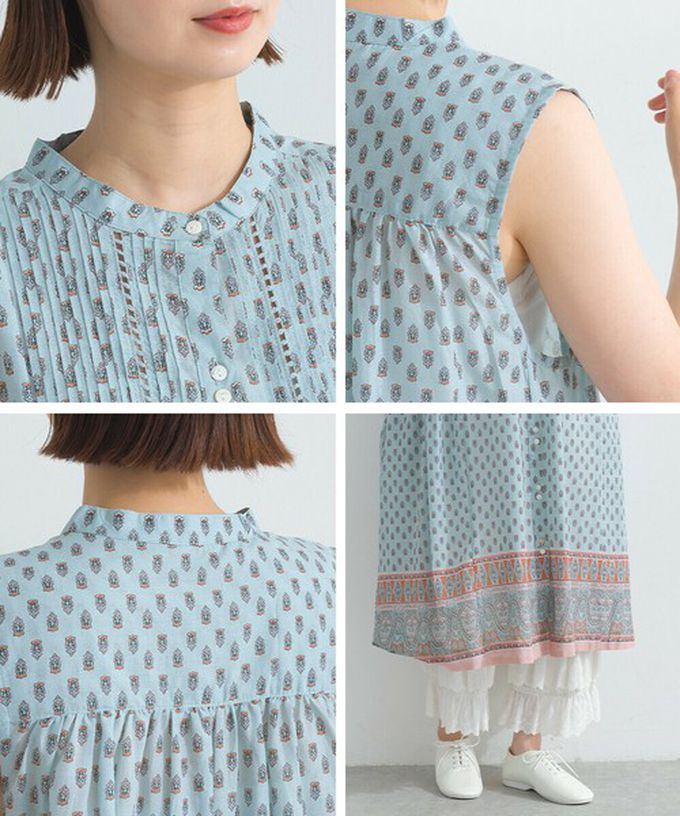 日本 Lupilien - 100%印度棉 清新印花柔軟洋裝-圖騰-薄荷