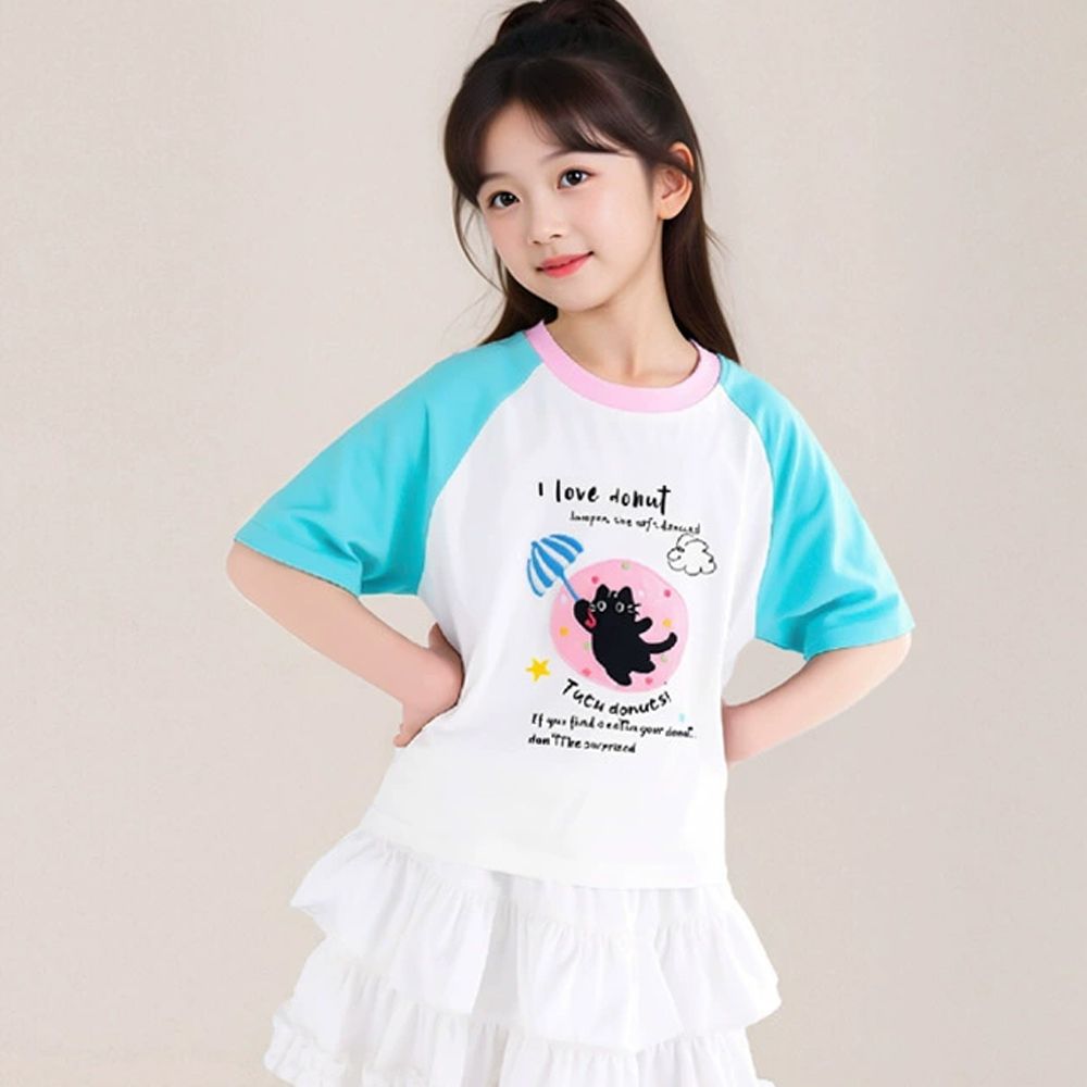 涼感撞色印花短袖上衣/T恤-白x藍綠