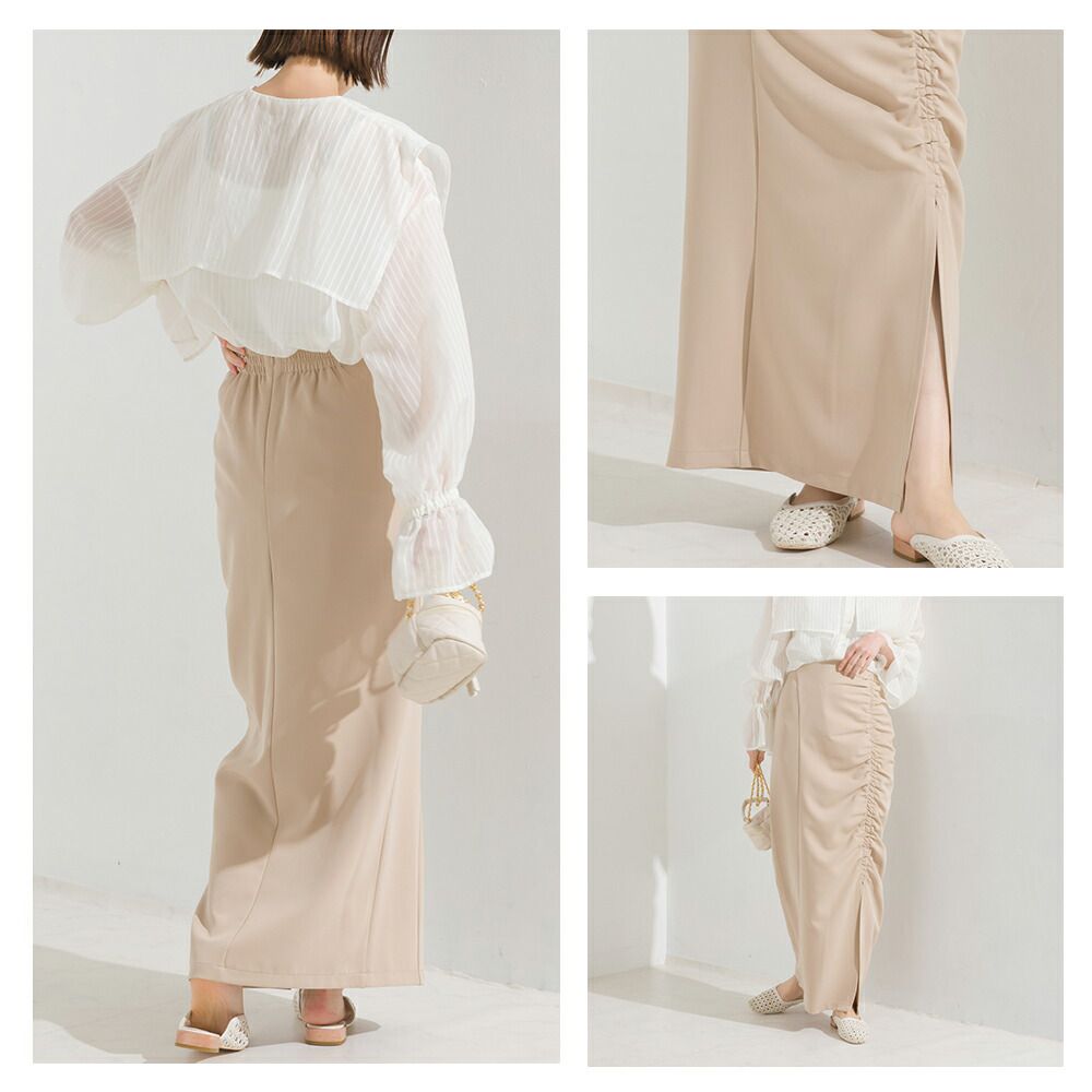 日本 OMNES - 優雅抽繩小開衩修身長裙-淺卡其