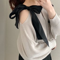 日本 GRL - 浪漫露肩蝴蝶結寬袖針織開襟衫-象牙 (F)