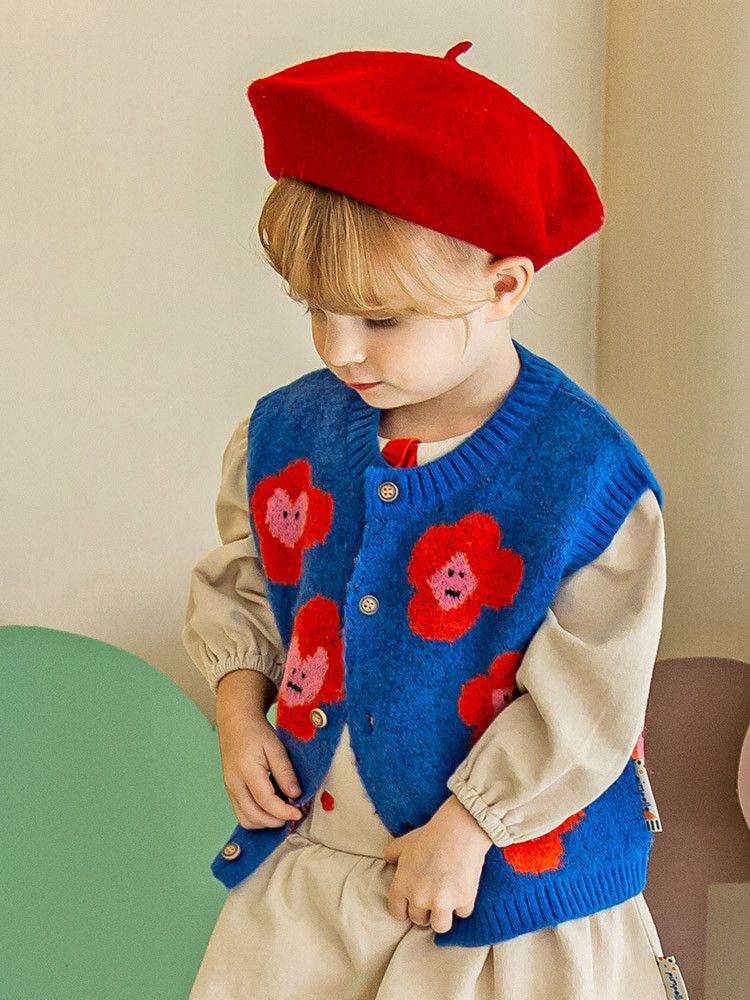 韓國Pimpollo - 愛心印花開衫針織背心-藍