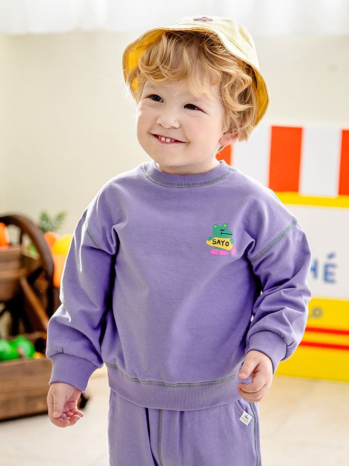 韓國 Pimpollo - 胸前鱷魚點綴圓領長袖套裝-粉橘