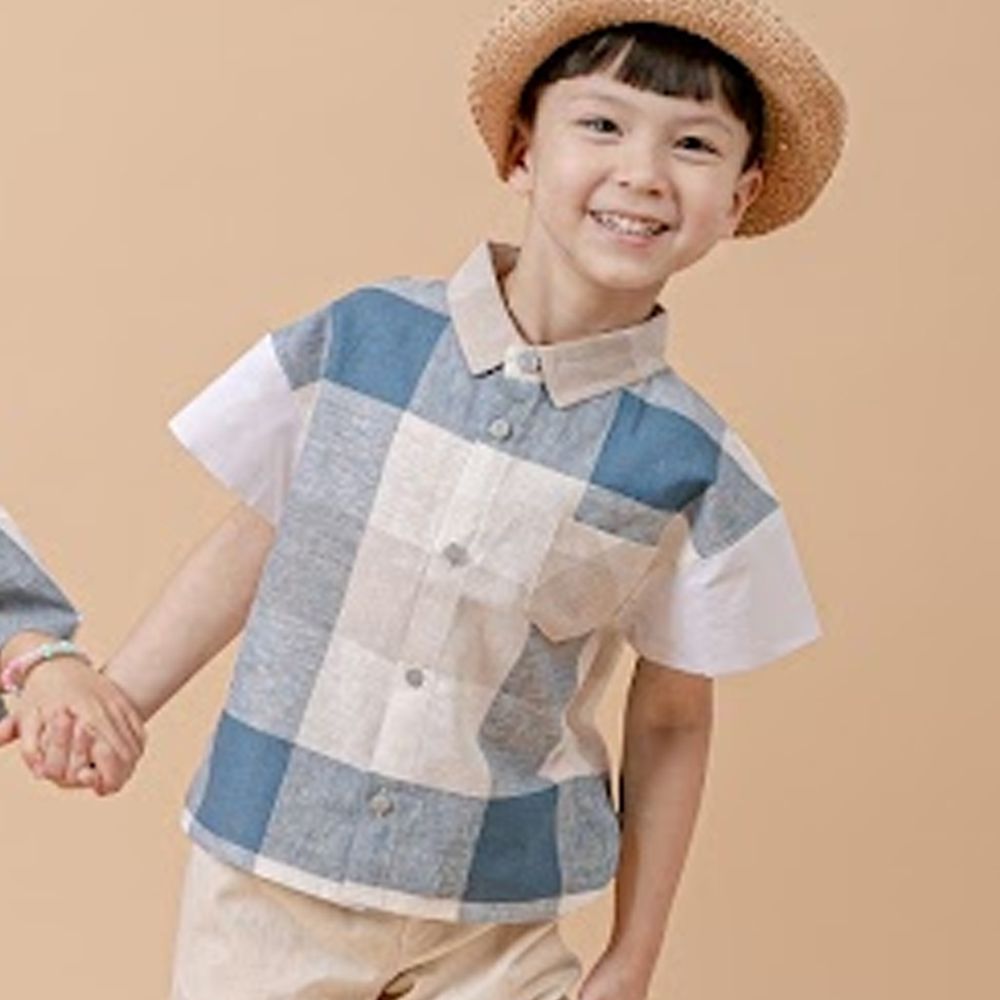 韓國 AIDA - 休閒風格子短袖翻領襯衫-藍X米