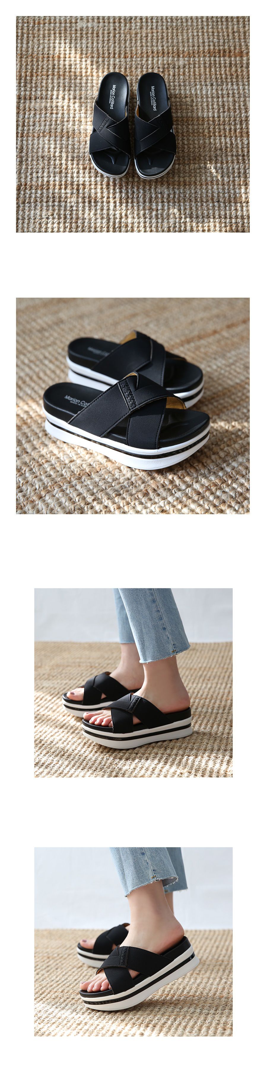 韓國 Dangolunni - 寬版交叉輕量厚底拖鞋-黑