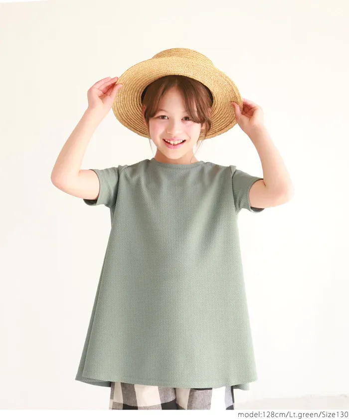 日本 COCA - 速乾彈性 圓領A字剪裁長版短袖上衣-孩子-淺灰