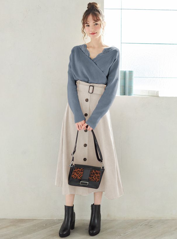 日本 GRL - 蕾絲V領縮腰針織上衣-知性黑 (M)