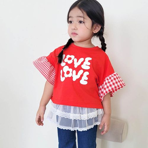 LOVE糖果格紋拼袖上衣-紅