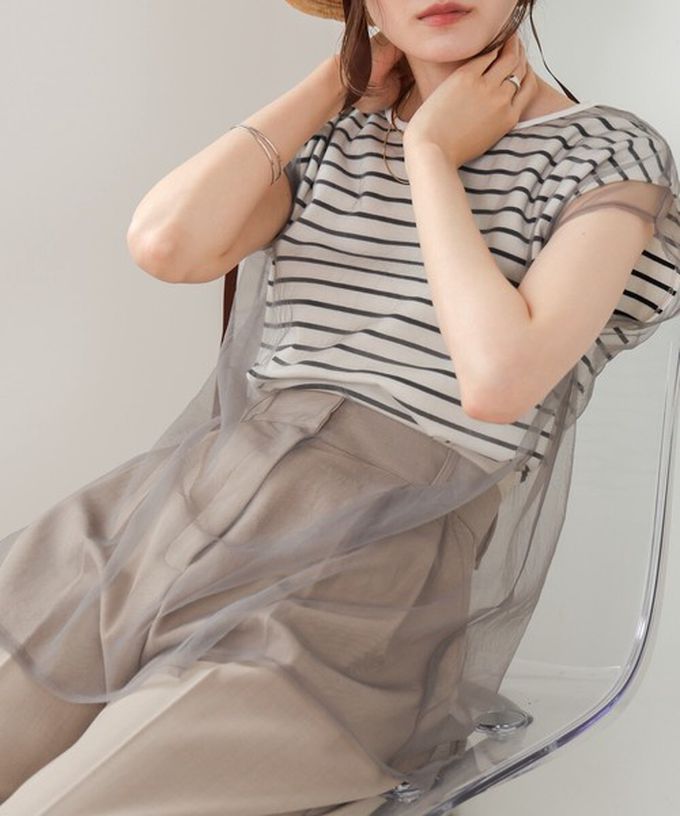 日本 Bab - 迷人薄紗層次條紋無袖上衣-粉紅