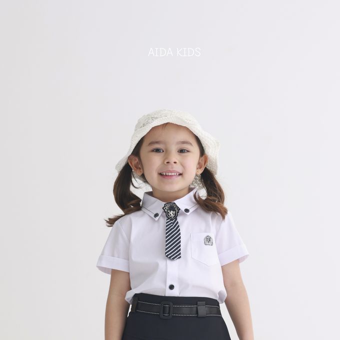 韓國 AIDA - 學院風領帶裝飾短袖襯衫-白