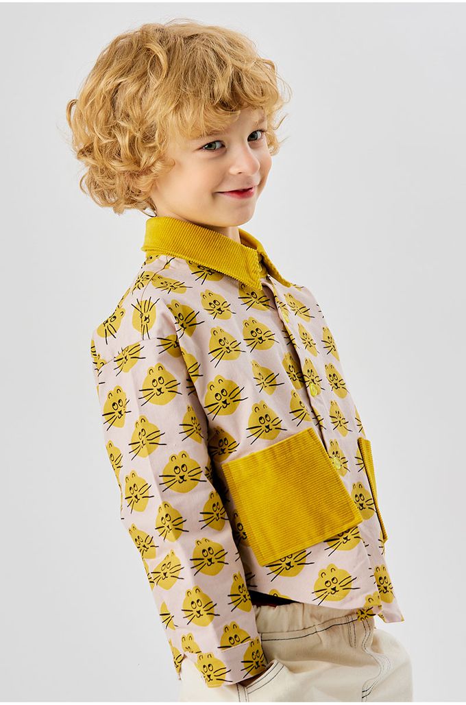 韓國 OZKIZ - 滿版黃貓圖印翻領長袖襯衫