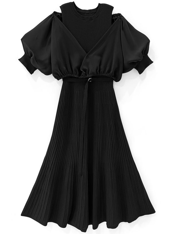 日本 GRL - 夢幻薄紗泡泡袖修身兩件式洋裝-淺米杏