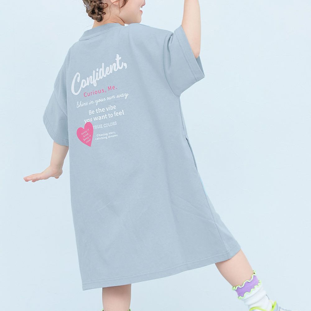 100%棉 率性印花短袖洋裝-背後英文-霧灰藍