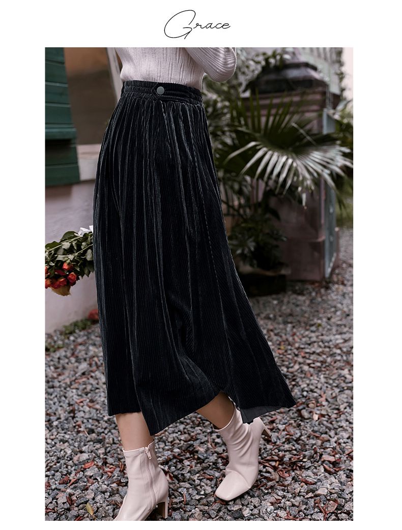 復古閃亮百褶半身裙-深藍色