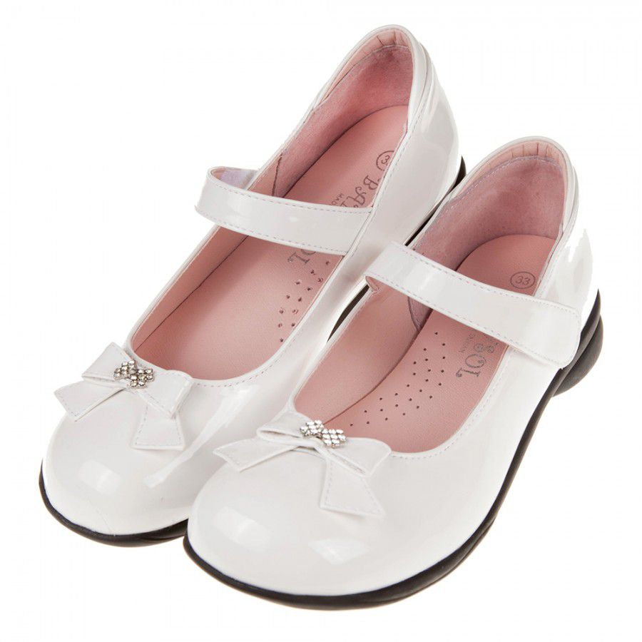 典雅淑女風格蝴蝶結鑽飾亮白色公主鞋學生鞋