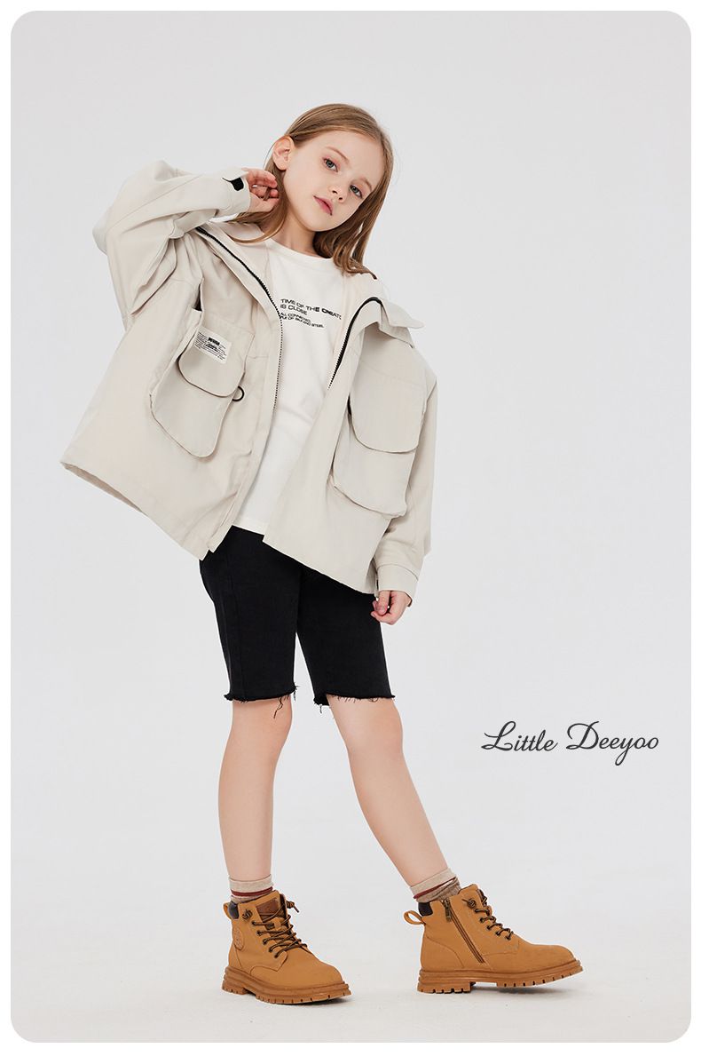Little Deeyoo - 日系工裝防風連帽風衣外套/衝鋒外套-米白色