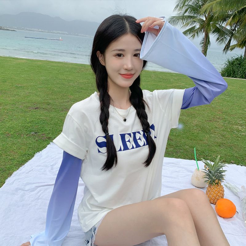 寬鬆成人冰絲防曬袖套-漸層款-粉+藍 (F(約48x12cm))