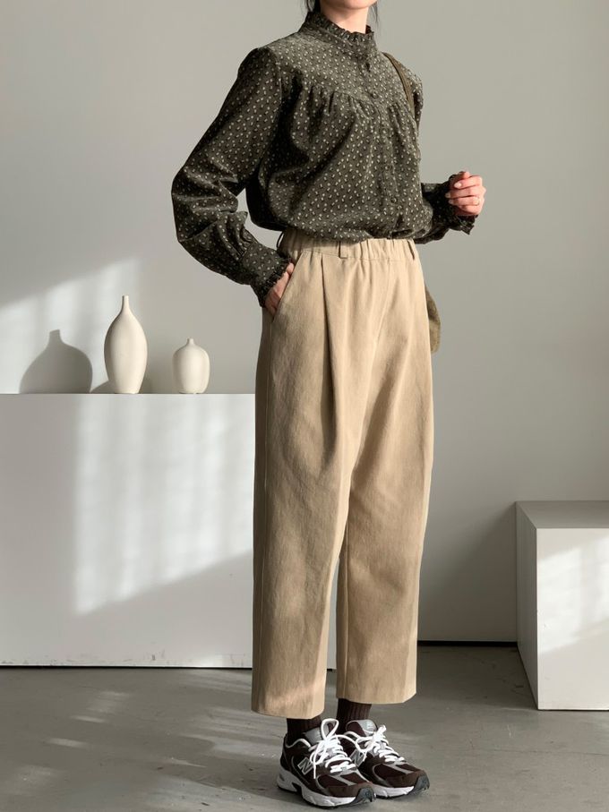 韓國女裝連線 - 滿版小花朵燈芯絨長袖襯衫-軍綠 (FREE)