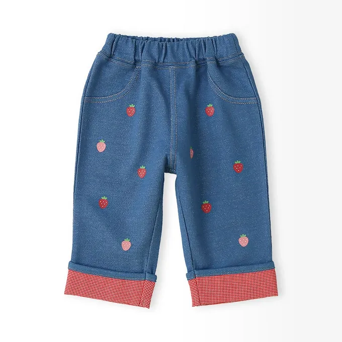 日本 ZOOLAND - 水果樂園 滿版印花摺邊七分褲-蘋果-海軍藍