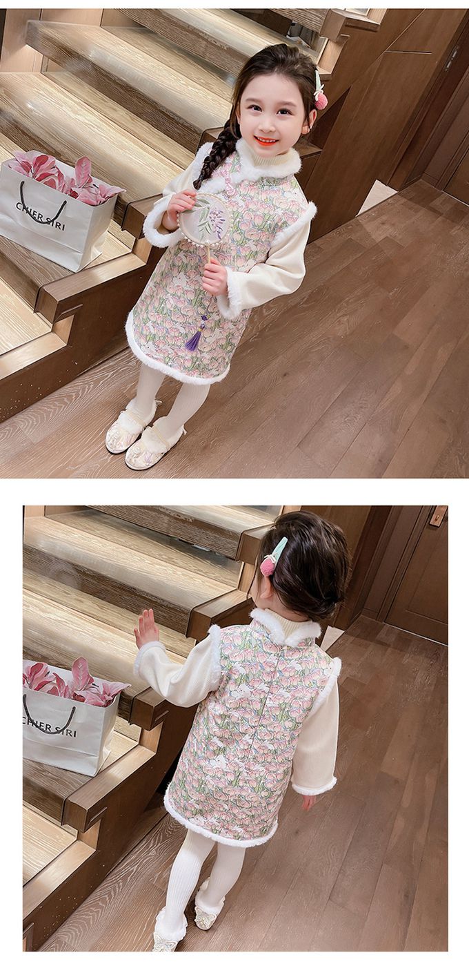 love, charlotte - 喜氣旗袍毛毛鑲邊長袖拜年洋裝-加厚加絨內裡-甜美鬱金香小白兔印花