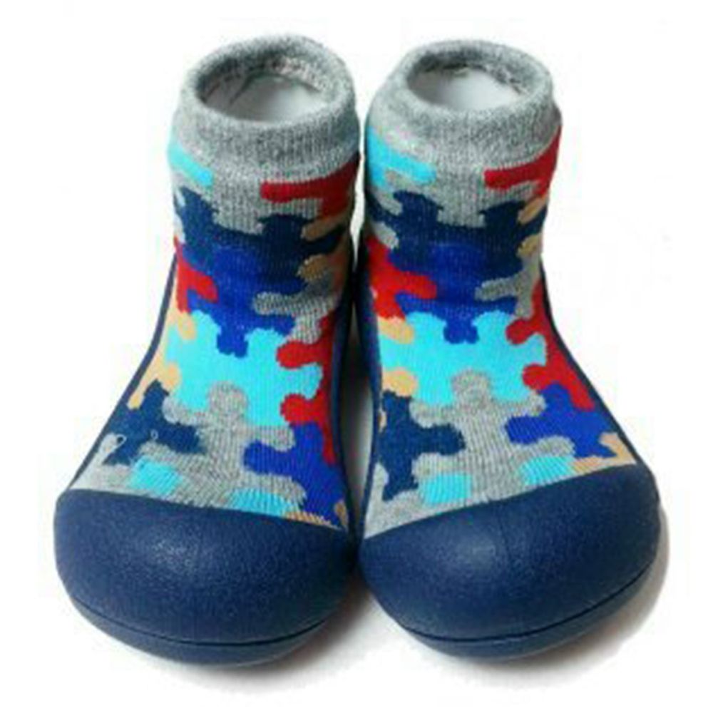 韓國 Attipas - 襪型學步鞋-藍底拼圖
