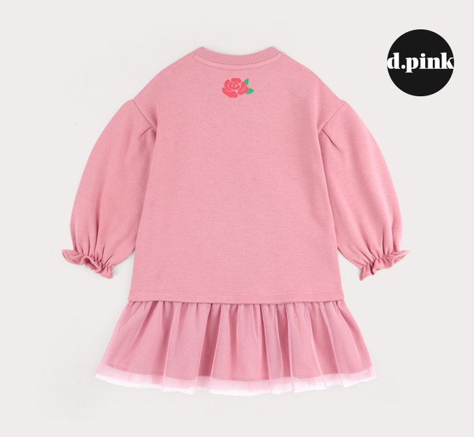 韓國 HEJMINI - (內刷毛)玫瑰印縮袖拼接網紗洋裝-粉