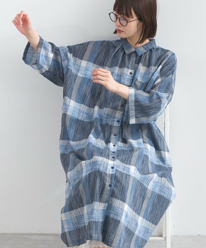 日本 Lupilien - 休閒率性格紋七分袖襯衫洋裝-粉紅x卡其