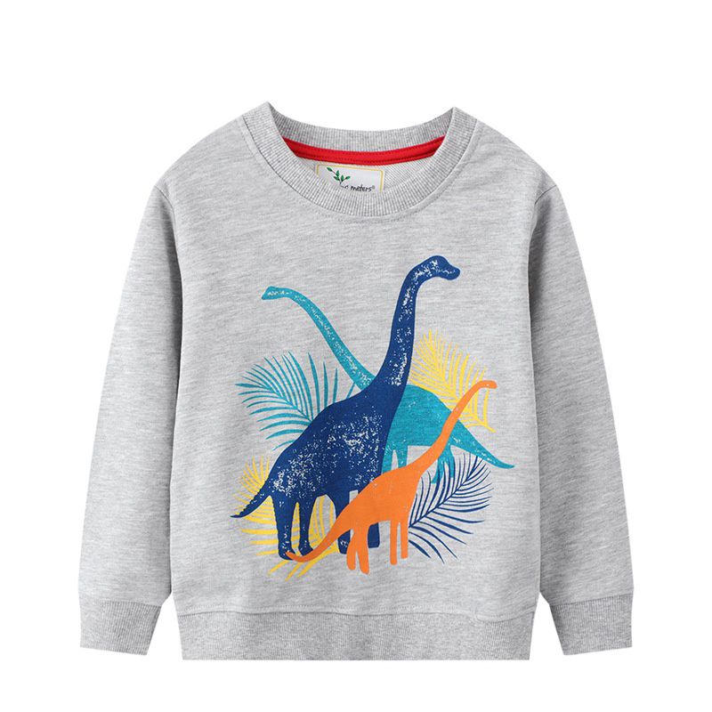 Jumping meters - 圓領棉質長袖上衣/大學T-葉子恐龍-灰色