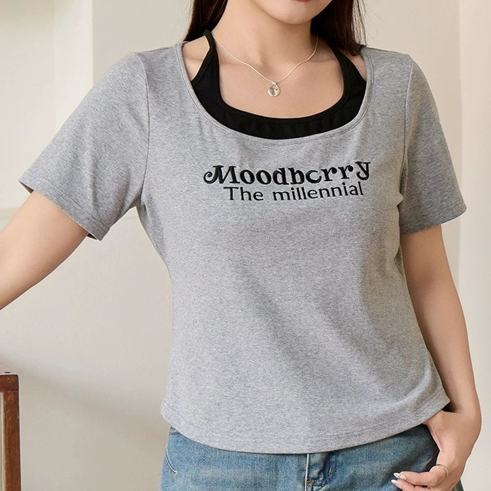假兩件造型刺繡文字短袖上衣-灰