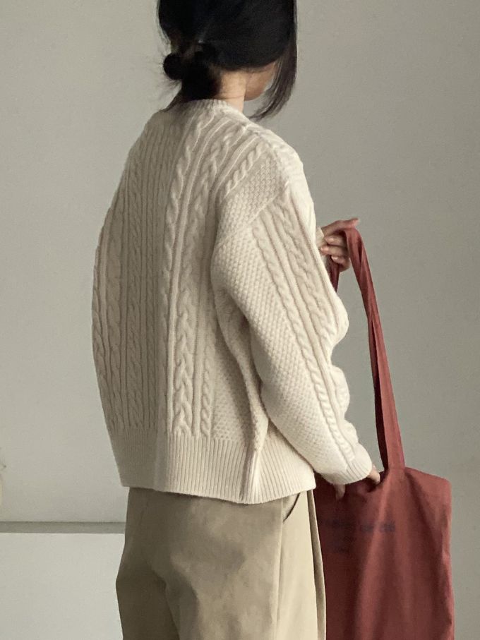 韓國女裝連線 - 麻花捲鈕扣無領針織外套-奶油米 (FREE)