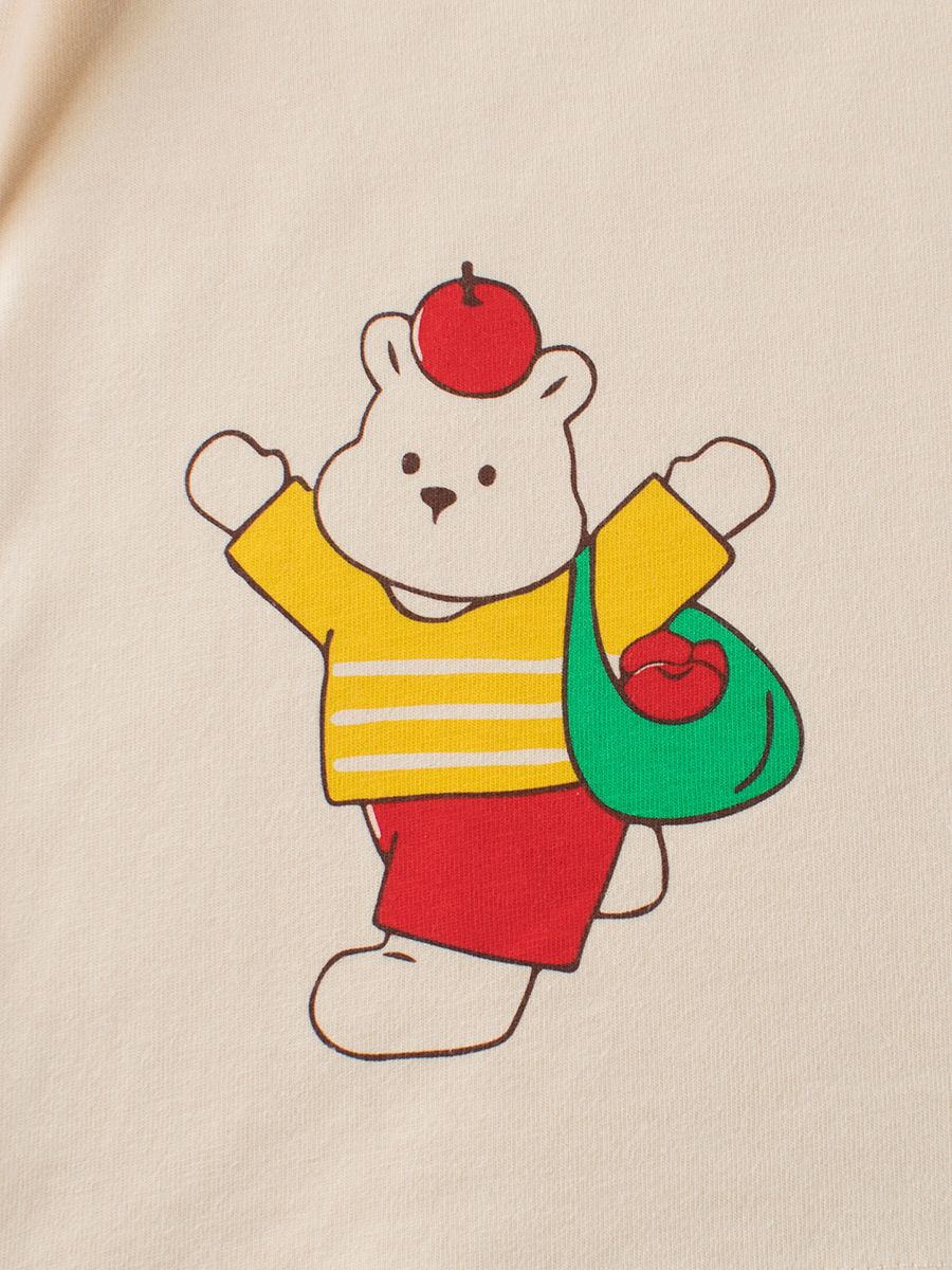 純棉圓領薄長袖上衣-蘋果熊熊-杏色