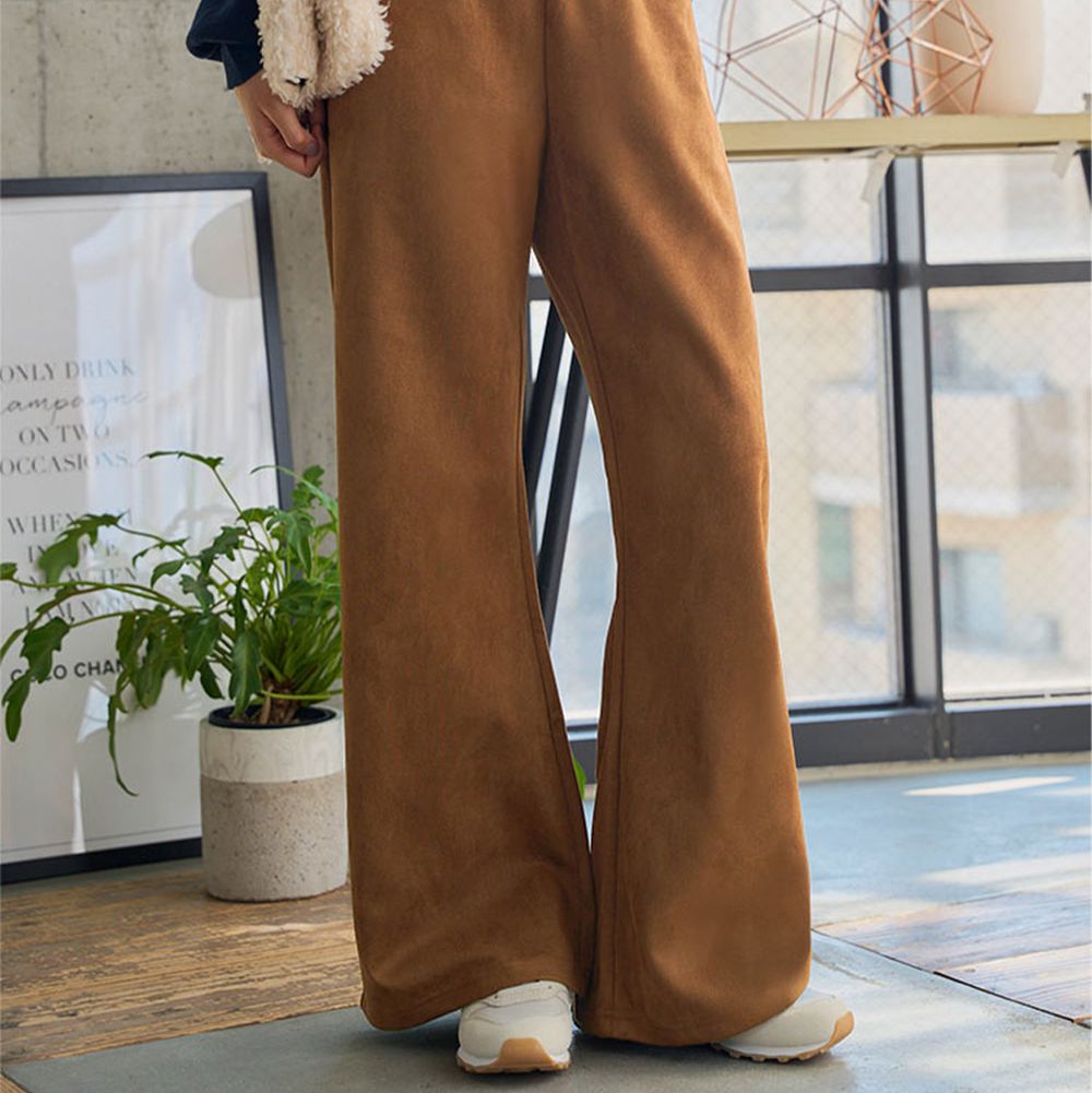 錯覺美腳 時尚麂皮絨修身寬褲-(可選長度)-焦糖