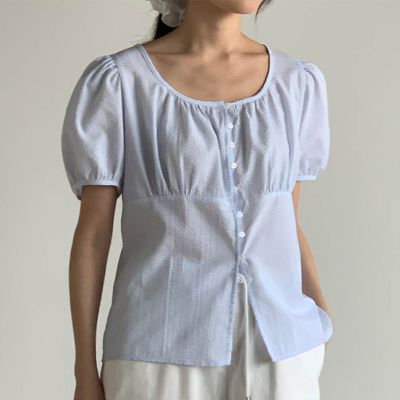 韓國女裝連線 - 輕夏泡泡紗小釦公主袖襯衫-天藍 (FREE)