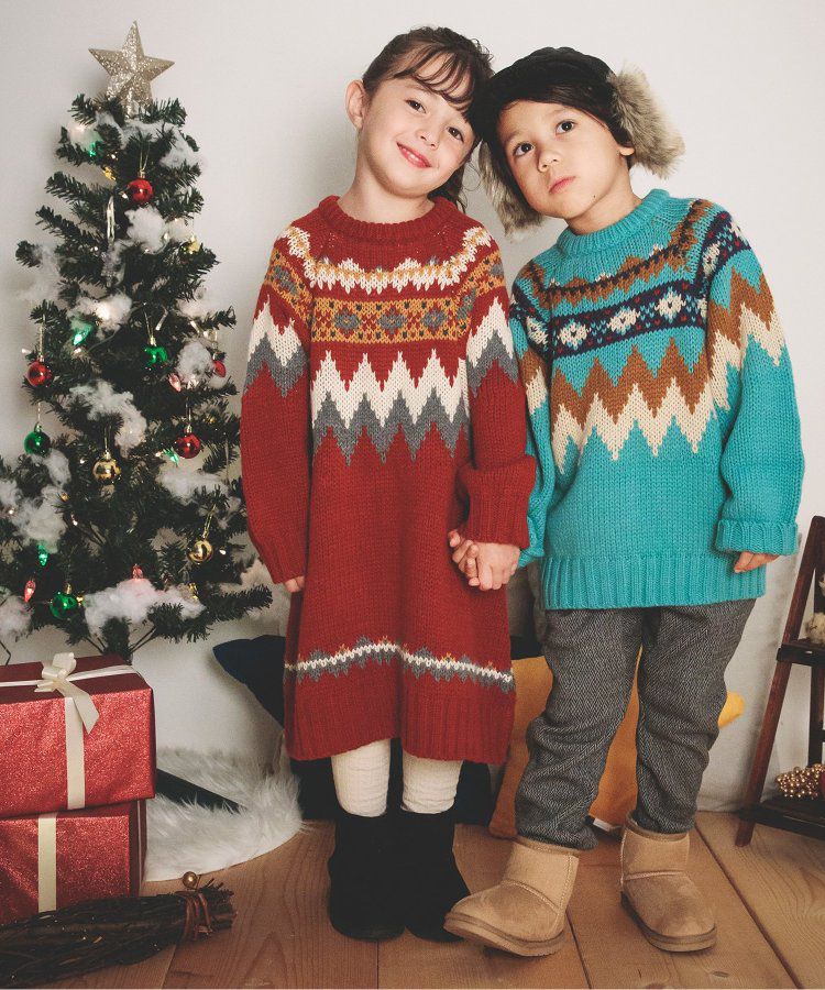 日本 BREEZE - 歐風柔軟針織洋裝-球心柄-聖誕紅