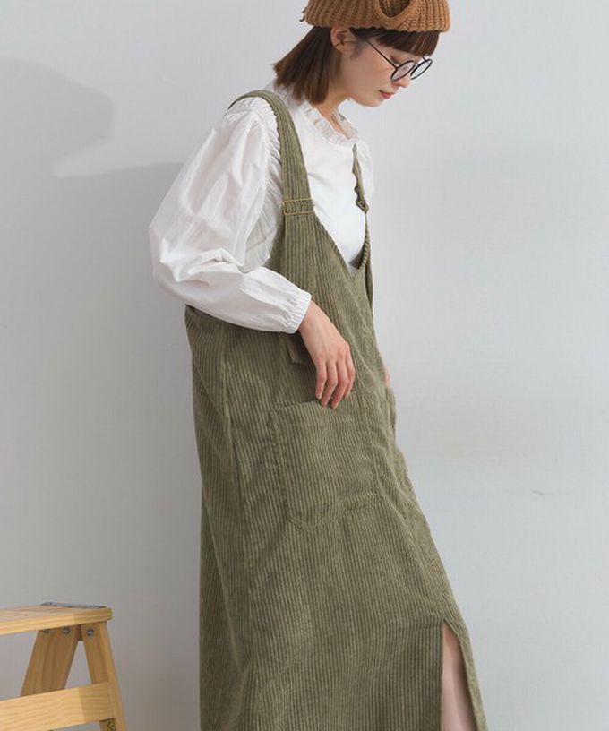 日本 Lupilien - 可愛厚實燈芯絨開叉吊帶裙-象牙