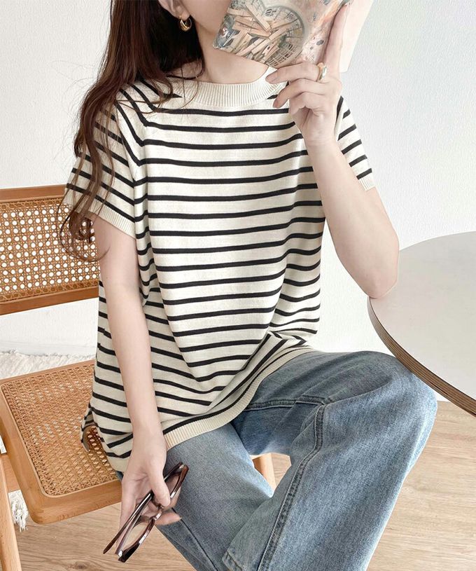 日本 Classical Elf - 定番條紋2way亨利領短袖上衣-炭灰