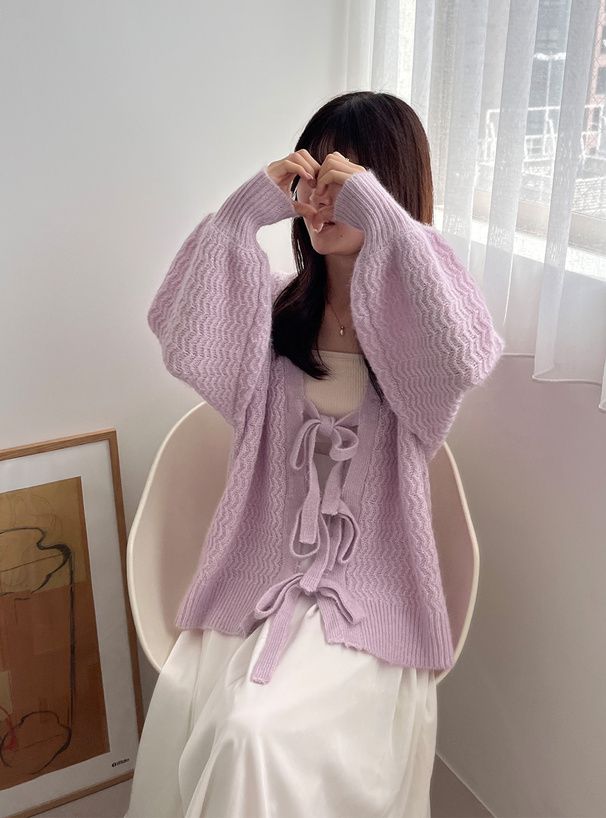 日本 GRL - 甜美綁帶開襟針織外套-淺粉 (F)