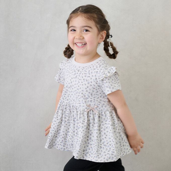 日本 petit main - 荷葉袖傘狀層次短袖上衣-條紋-紫x白