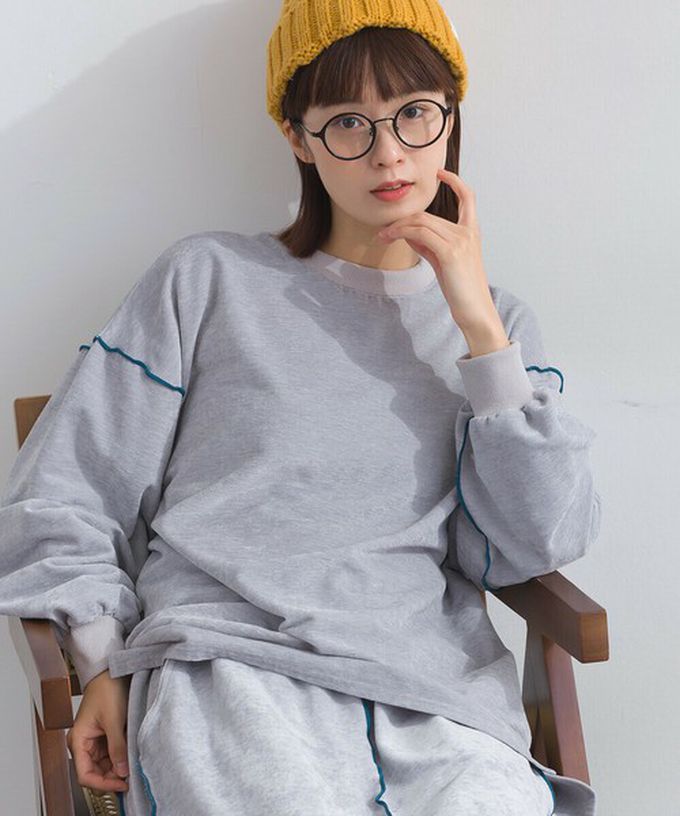 日本 Lupilien - 木耳縫線休閒絨面長袖上衣-煙燻粉