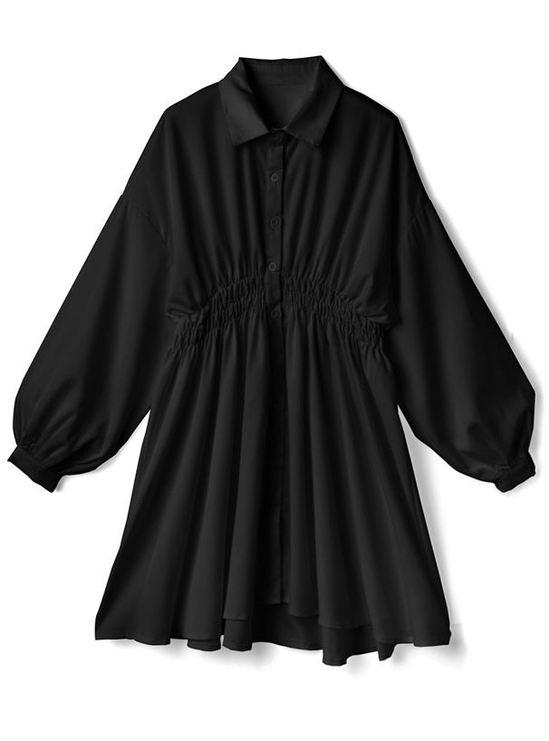 日本 GRL - 甜美翻領縮腰泡泡袖洋裝-黑