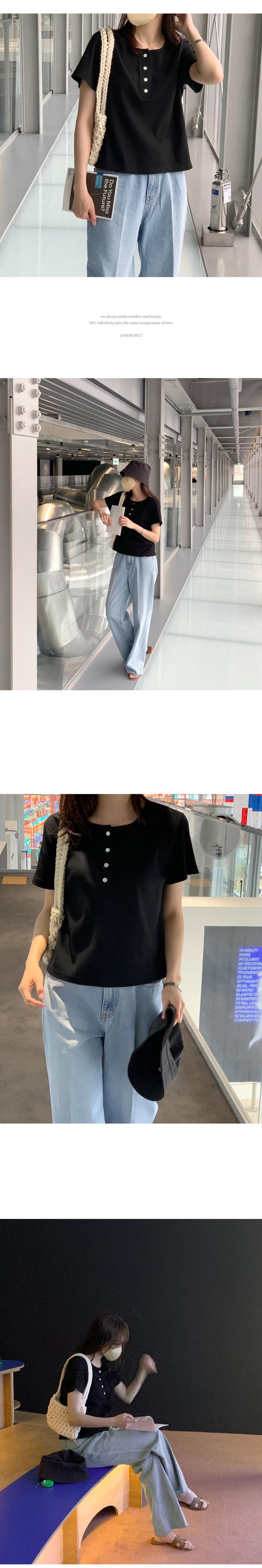 韓國 98doci - 經典直紋鈕扣短袖上衣-黑