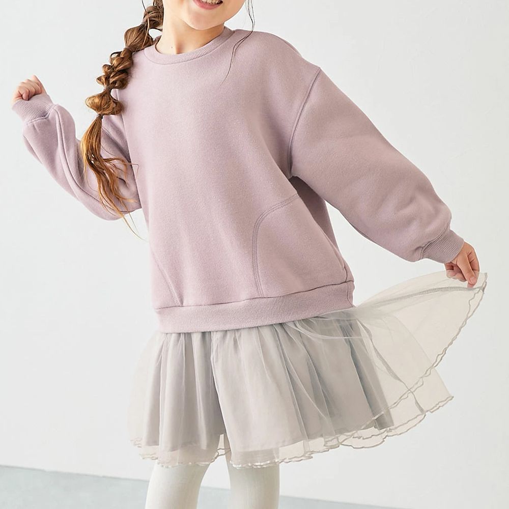 甜美裏毛雪紡拼接長袖洋裝-粉紫