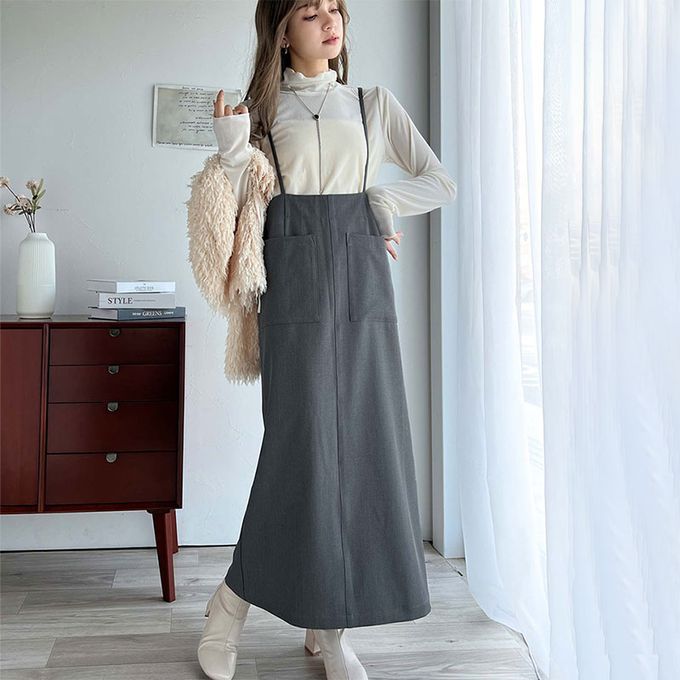 日本 Classical Elf - 前後2WAY簡約大口袋開叉吊帶裙-黑