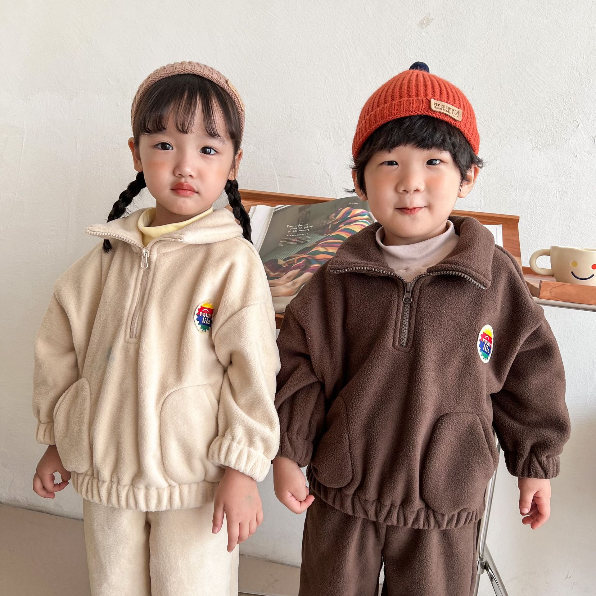 搖粒絨拉鍊休閒套裝-粉橘色