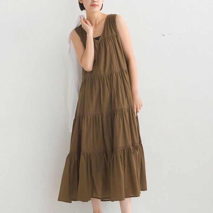 日本 OMNES - 100%印度棉 巴里紗分層V領無袖洋裝-咖啡