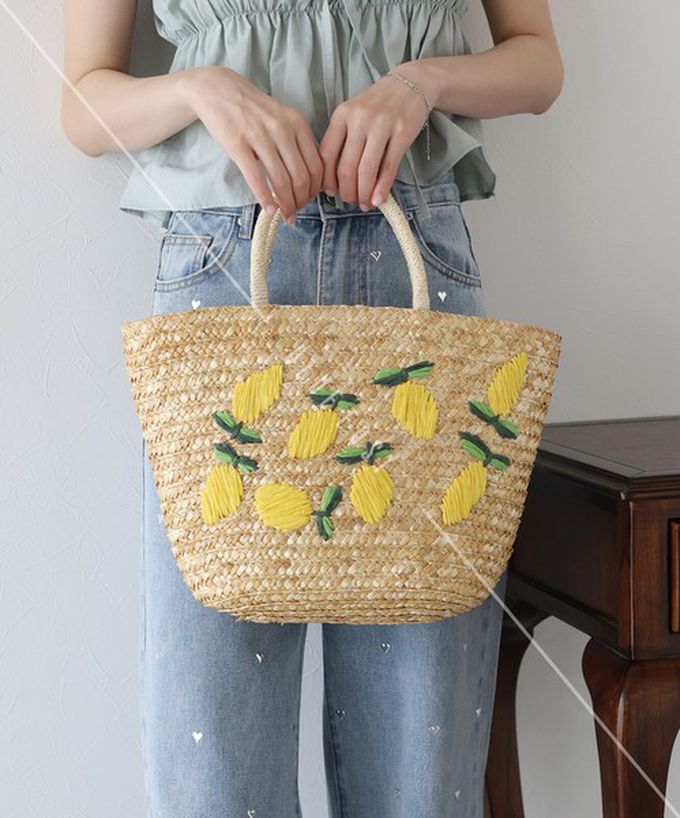 日本 BLUE EAST - 可愛水果刺繡夏日草編手提包-櫻桃
