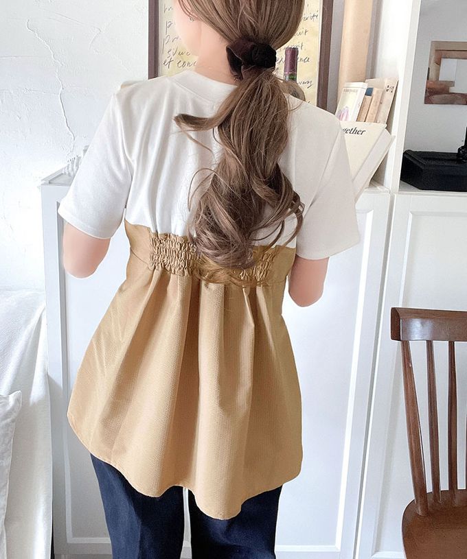 日本 Classical Elf - 時尚顯瘦綁帶拼接風短袖上衣-白x淺灰