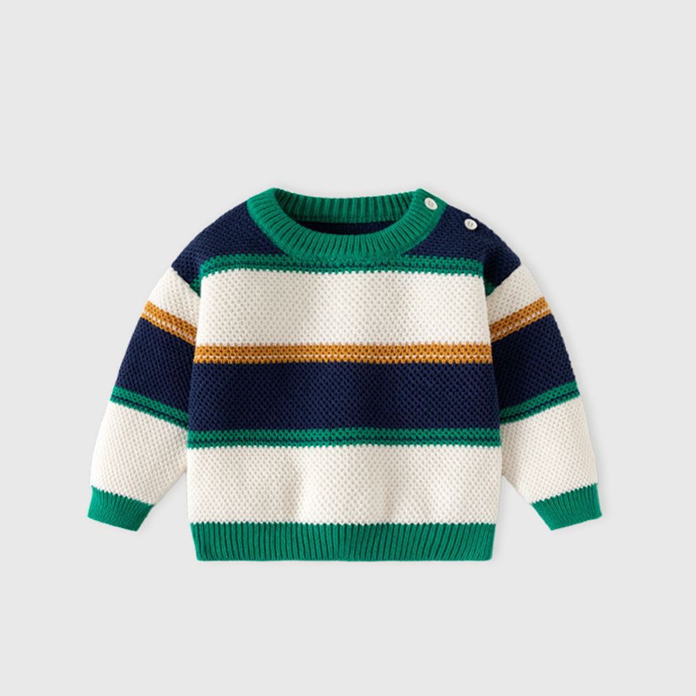 圓領針織長袖上衣-拼色條紋-白x綠