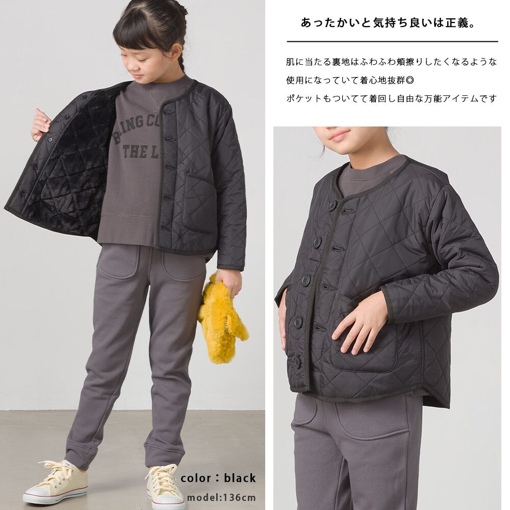 日本 OMNES - (兒童)厚刷毛衍縫鋪棉圓領保暖外套-墨綠