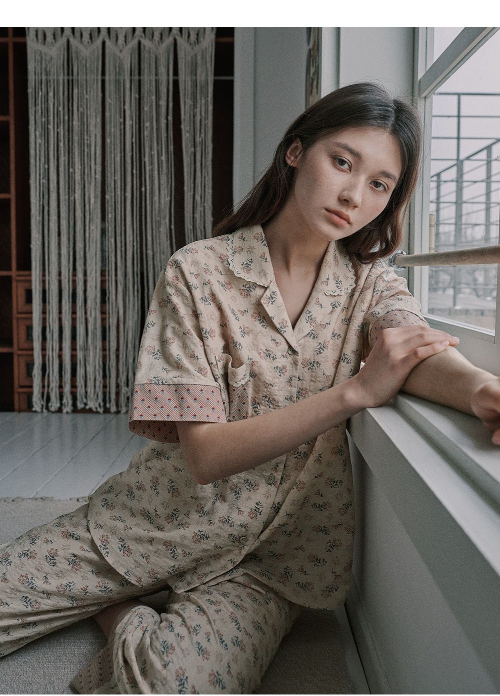 韓國 ULLALA - 復古碎花長褲睡衣(兩件式) (FREE)