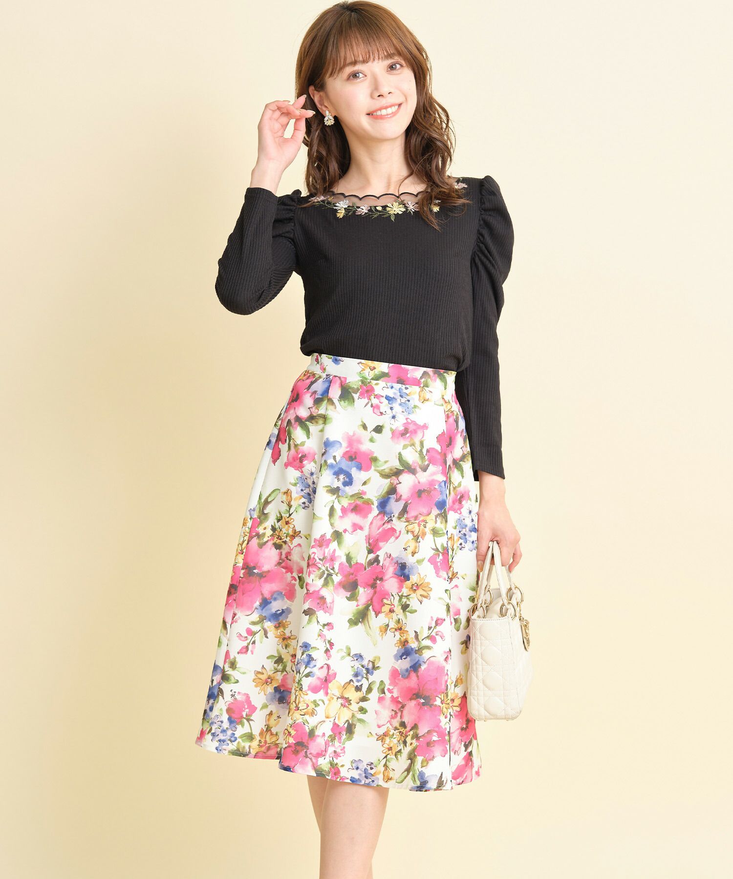 日本 tocco-closet - 水彩花朵華麗感修身傘裙-藍色系